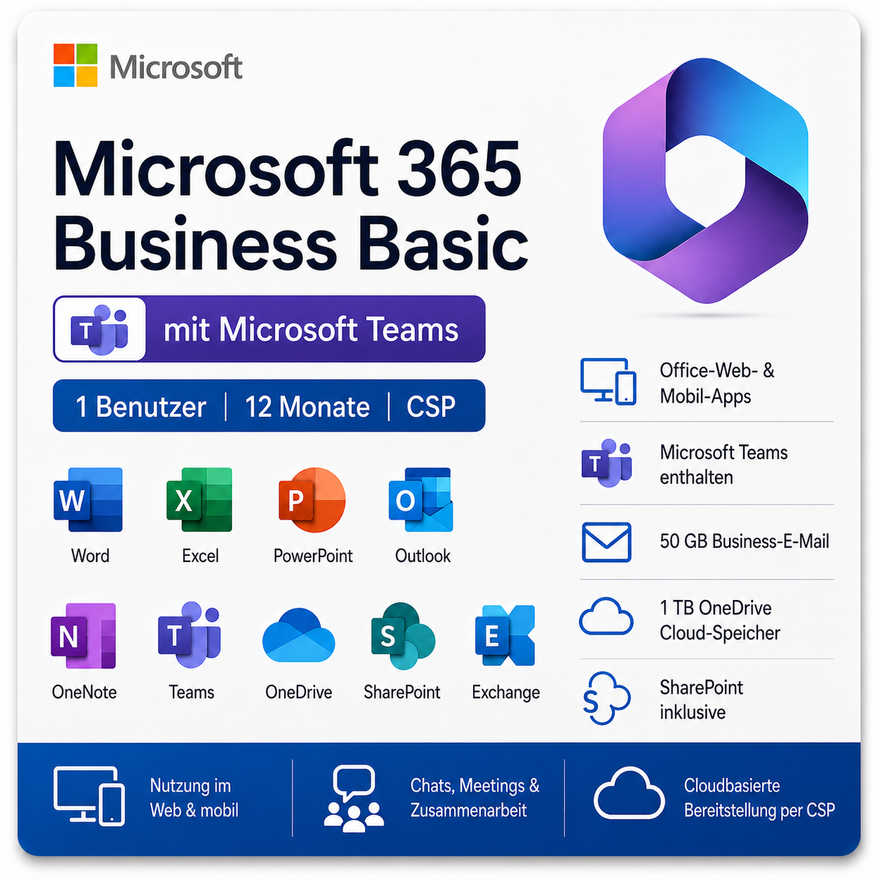 Microsoft 365 Business Basic mit Teams | 1 Jahr | 1 Nutzer | CSP