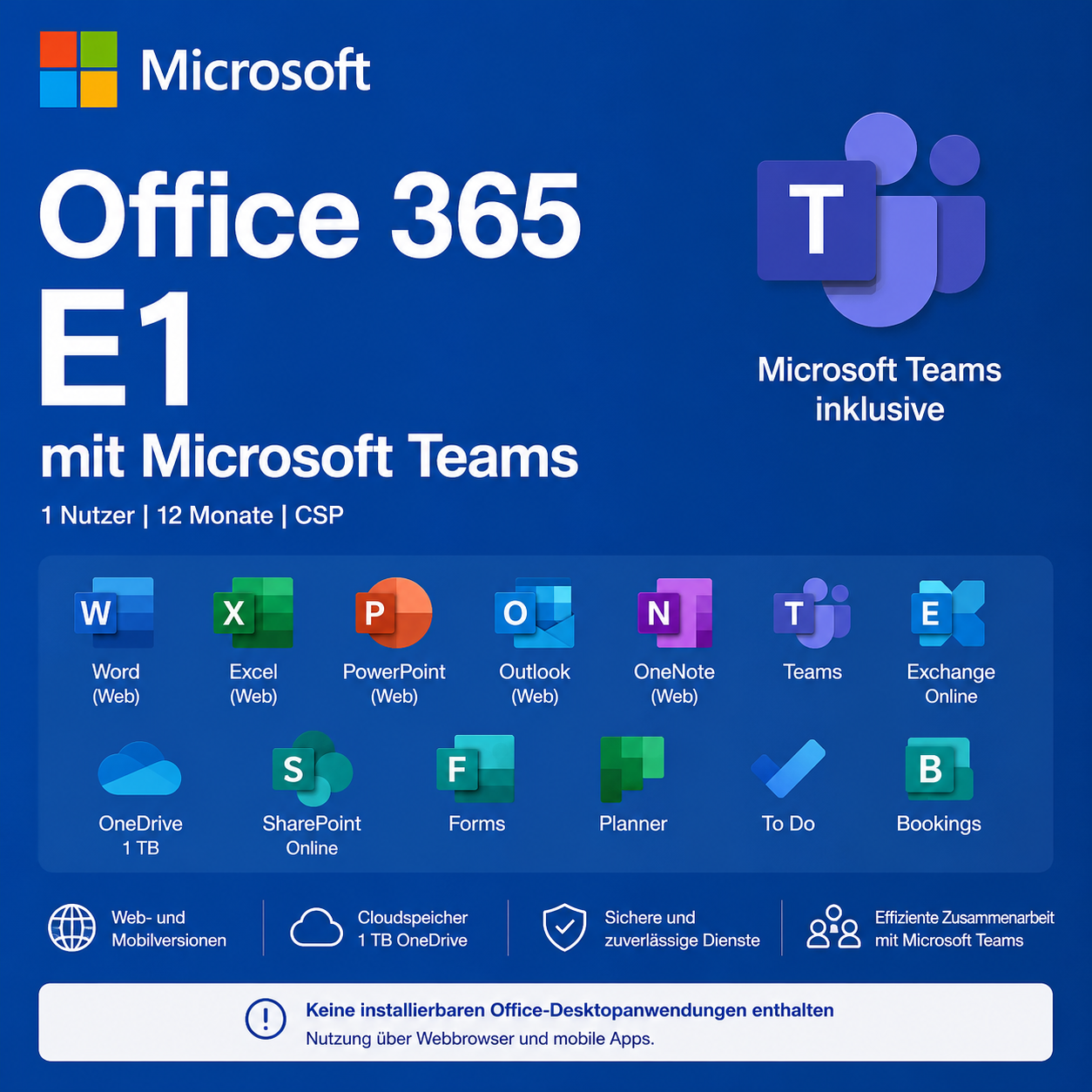 Microsoft Office 365 E1 mit Teams | 1 Jahr | 1 Nutzer | CSP