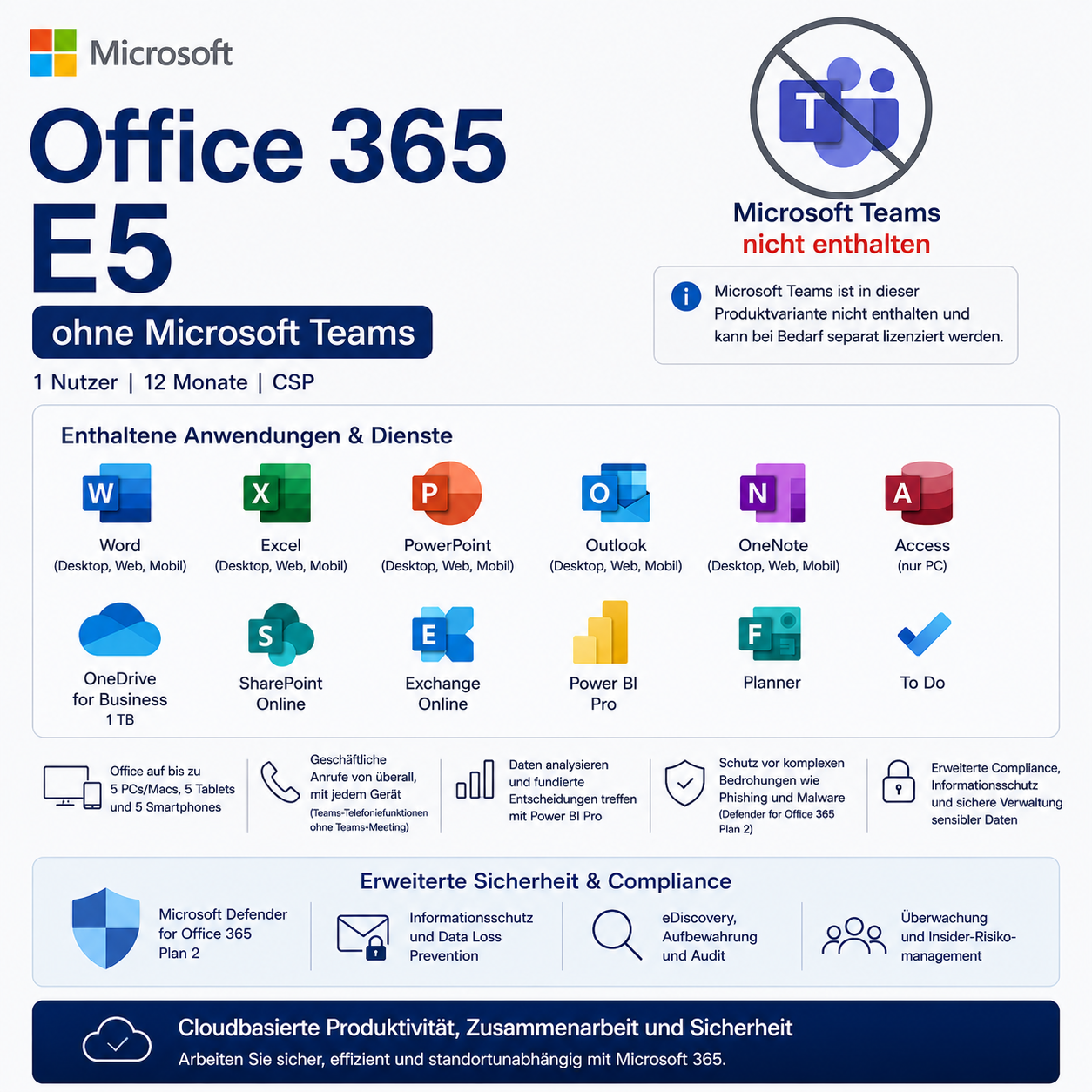 Microsoft Office 365 E5 EWR ohne Teams | 1 Jahr | 1 Nutzer | CSP
