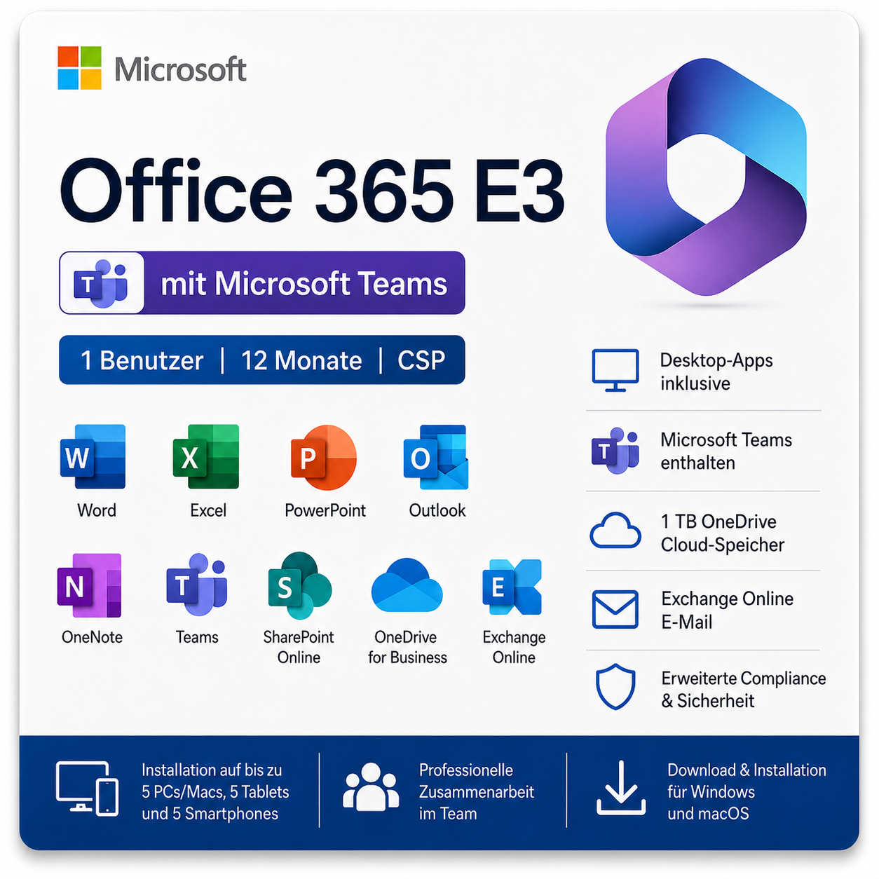 Microsoft Office 365 E3 mit Teams | 1 Jahr | 1 Nutzer | bis zu 15 Geräte | CSP