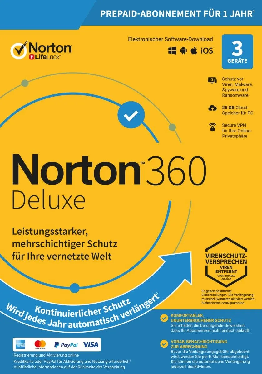 Norton 360 Deluxe | 3 Geräte | 1 Jahr | 1 Benutzer | 25 GB Cloud-Backup | ESD