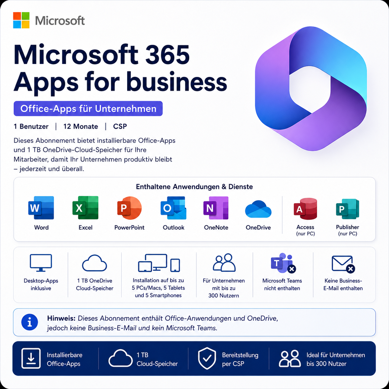 Microsoft 365 Apps for Business | 1 Jahr | 1 Nutzer | CSP