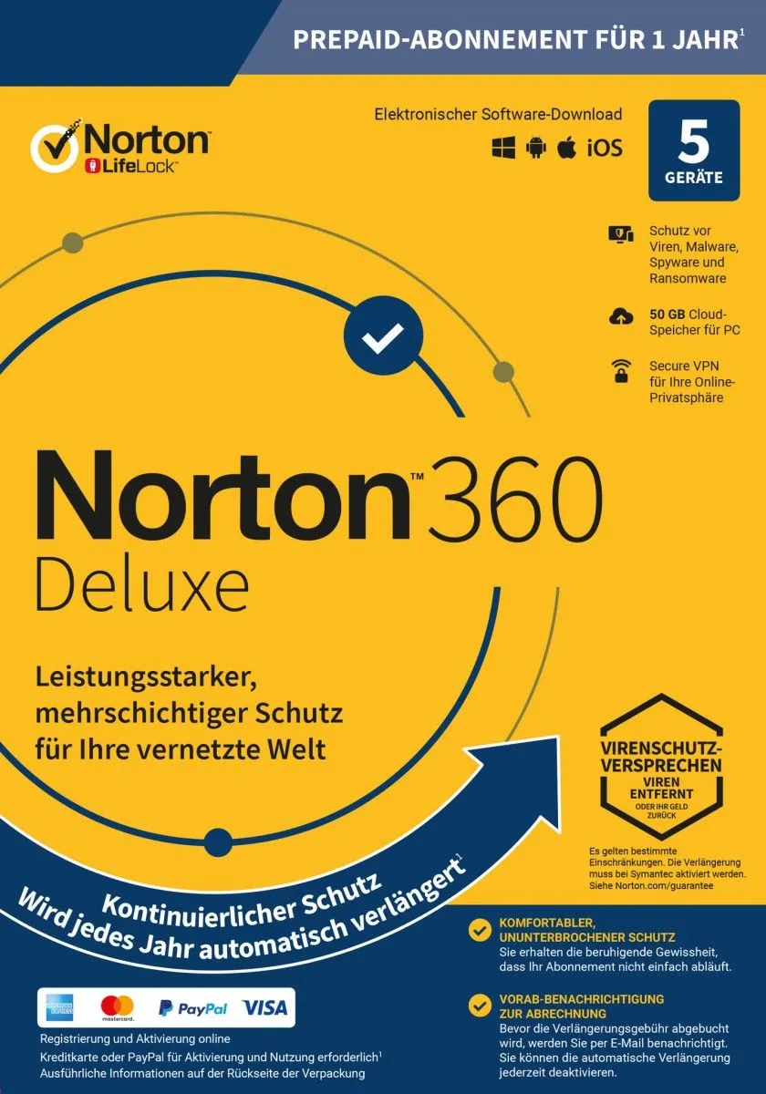 Norton 360 Deluxe | 5 Geräte | 1 Jahr | 1 Benutzer | 50 GB Cloud-Backup | ESD