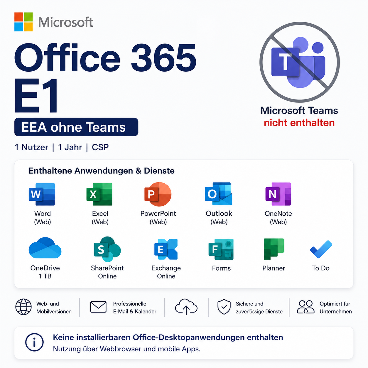 Microsoft Office 365 E1 EEA ohne Teams | 1 Jahr | 1 Nutzer | CSP
