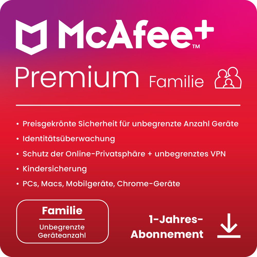 McAfee+ Premium Family Security | 6 Benutzer | Unbegrenzte Geräte | 1 Jahr | EU | ESD