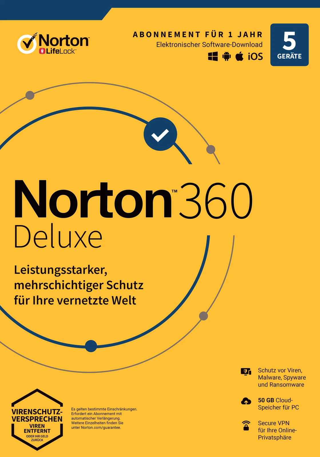 Norton 360 Deluxe | 5 Geräte | 1 Jahr | 1 Benutzer | 50 GB Cloud-Backup | ESD