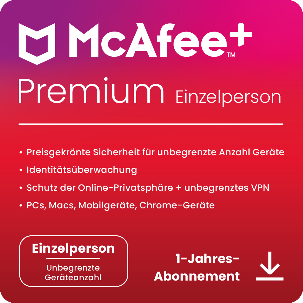 McAfee+ Premium Individual Security | 1 Benutzer | Unbegrenzte Geräte | 1 Jahr | EU | ESD