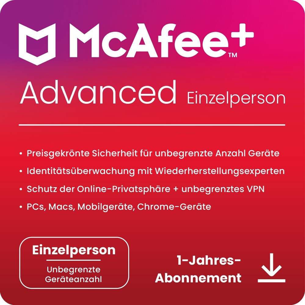 McAfee+ Advanced Individual Security | 1 Benutzer | Unbegrenzte Geräte | 1 Jahr | EU | ESD