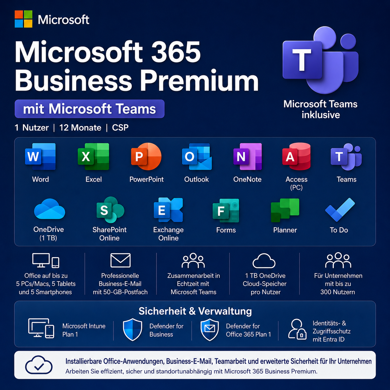 Microsoft 365 Business Premium mit Teams | 1 Jahr | 1 Nutzer | CSP
