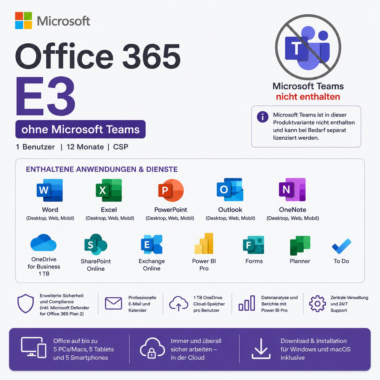 Microsoft Office 365 E3 EEA ohne Teams | 1 Jahr | 1 Nutzer | bis zu 15 Geräte | CSP