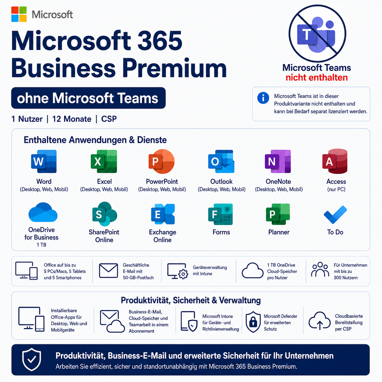 Microsoft 365 Business Premium EWR ohne Teams | 1 Jahr | 1 Nutzer | CSP