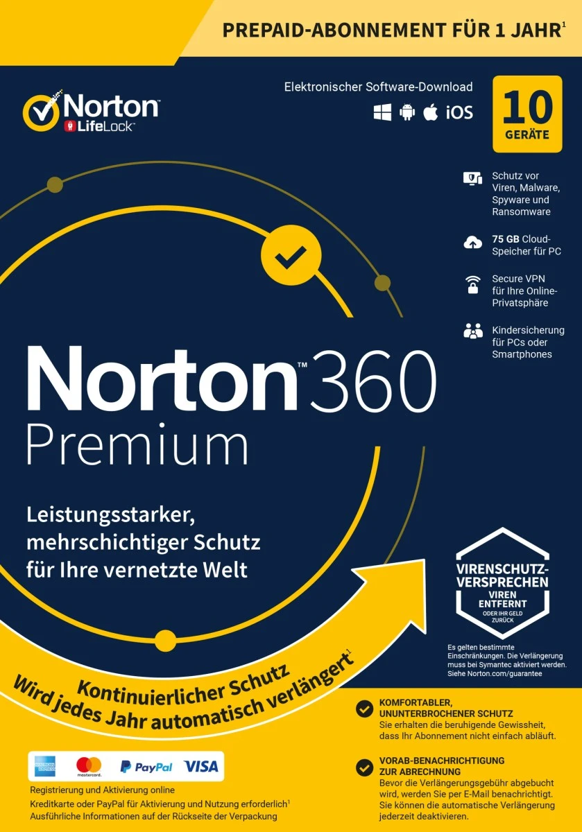 Norton 360 Premium 10 Geräte | 1 Jahr | 1 Benutzer | 75 GB Cloud-Backup | ESD