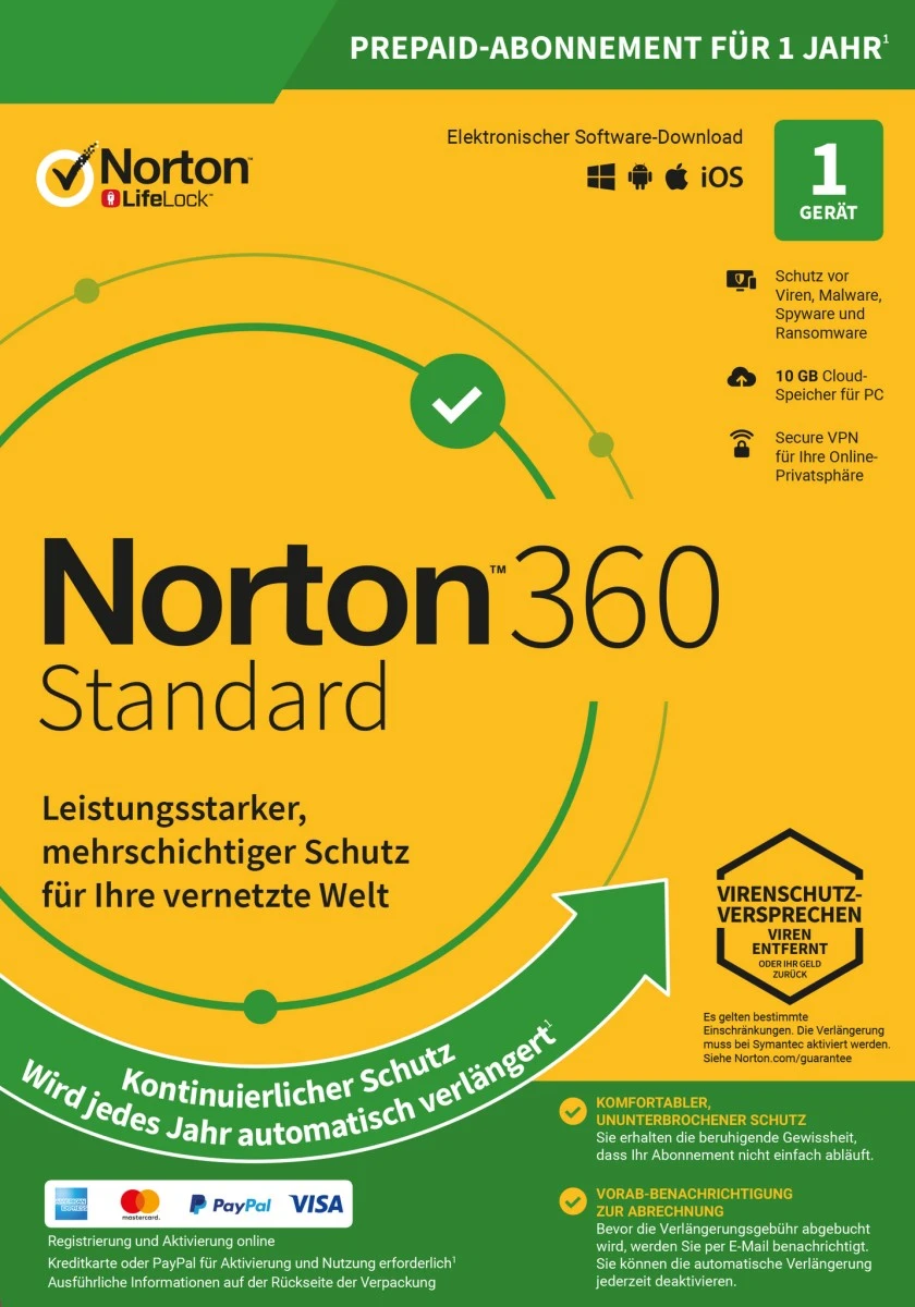 Norton 360 Standard | 1 Gerät | 1 Jahr | 1 Benutzer | 10 GB Cloud-Backup | ESD