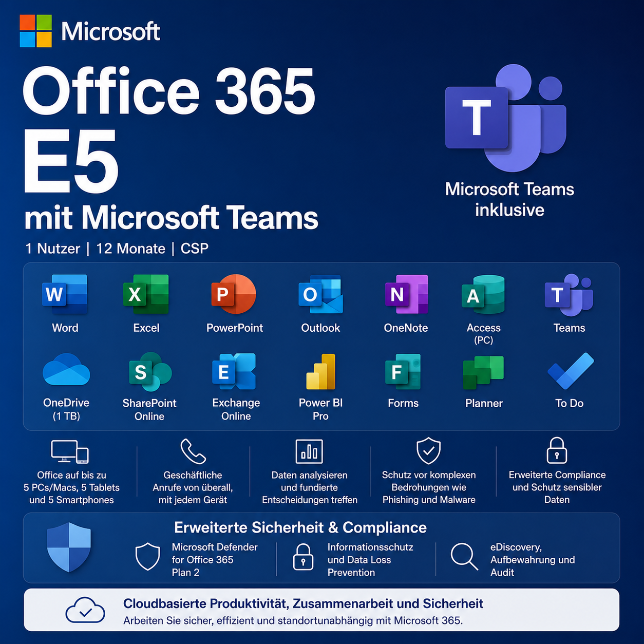 Microsoft Office 365 E5 mit Teams | 1 Jahr | 1 Nutzer | CSP