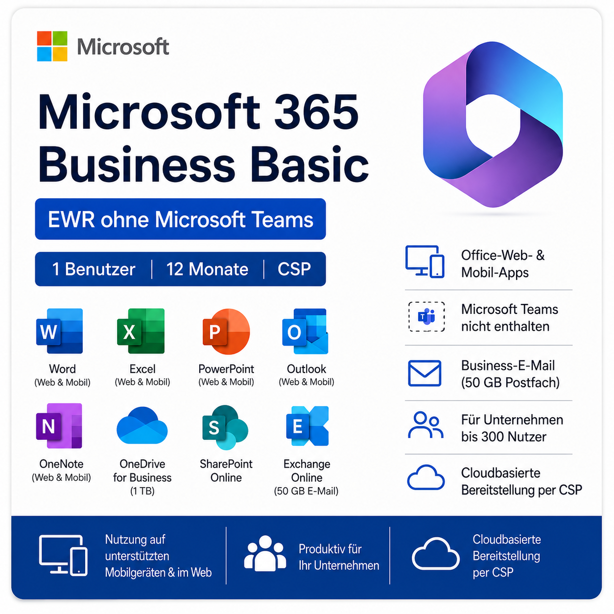 Microsoft 365 Business Basic EWR ohne Teams | 1 Jahr | 1 Nutzer | CSP