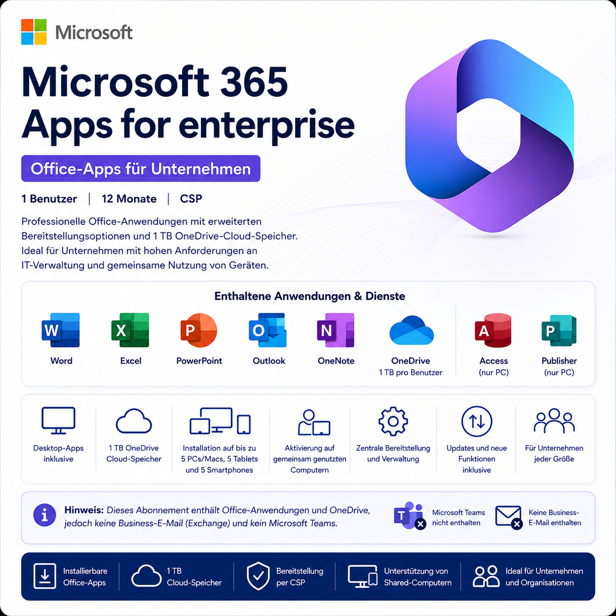 Microsoft 365 Apps for Enterprise | 1 Jahr | 1 Nutzer | CSP
