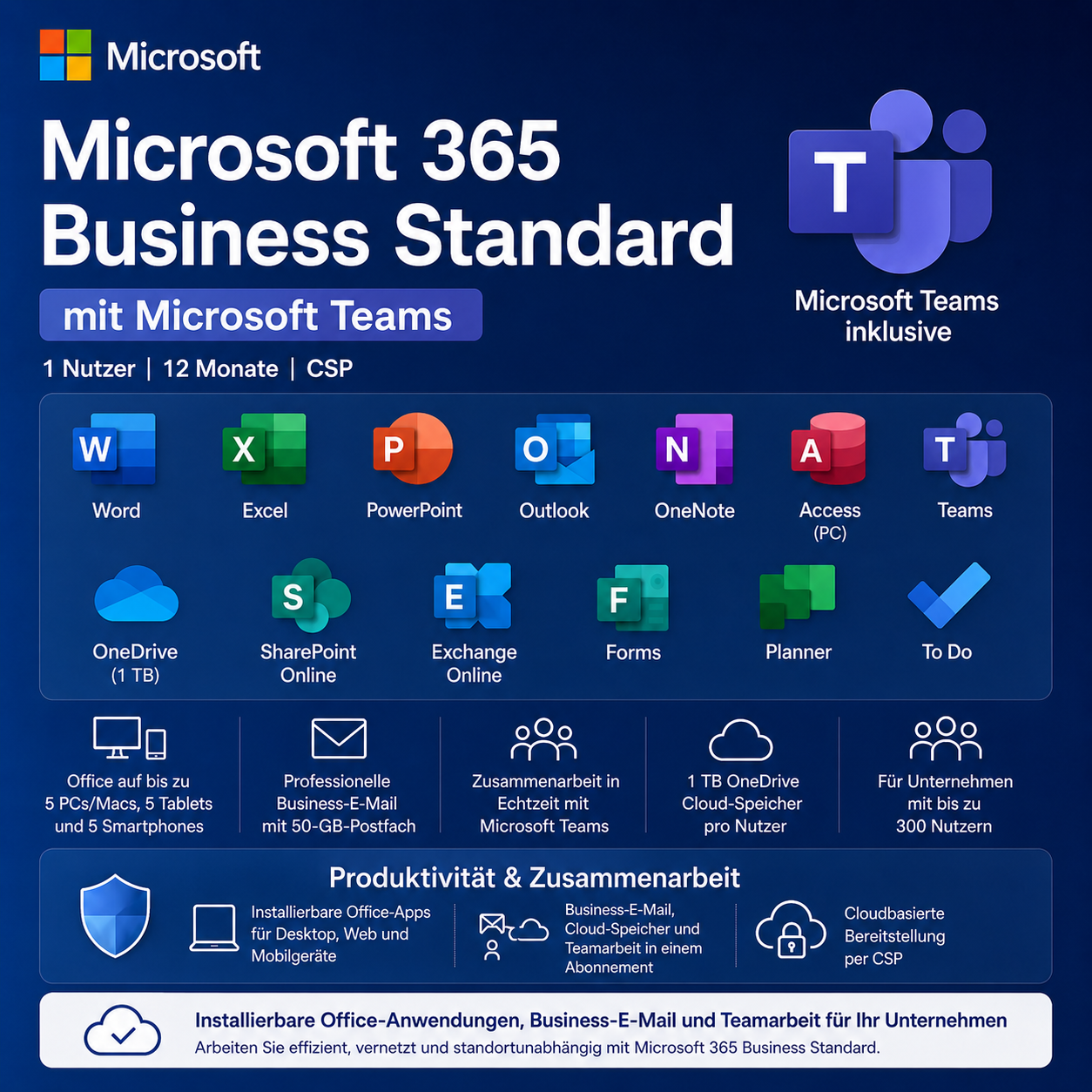 Microsoft 365 Business Standard mit Teams | 1 Jahr | 1 Nutzer | CSP