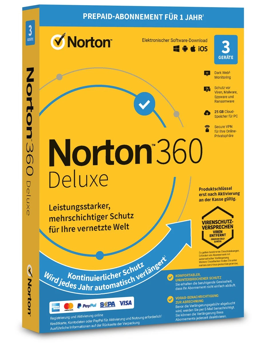 Norton 360 Deluxe | 3 Geräte | 1 Jahr | 1 Benutzer | 25 GB Cloud-Backup | ESD